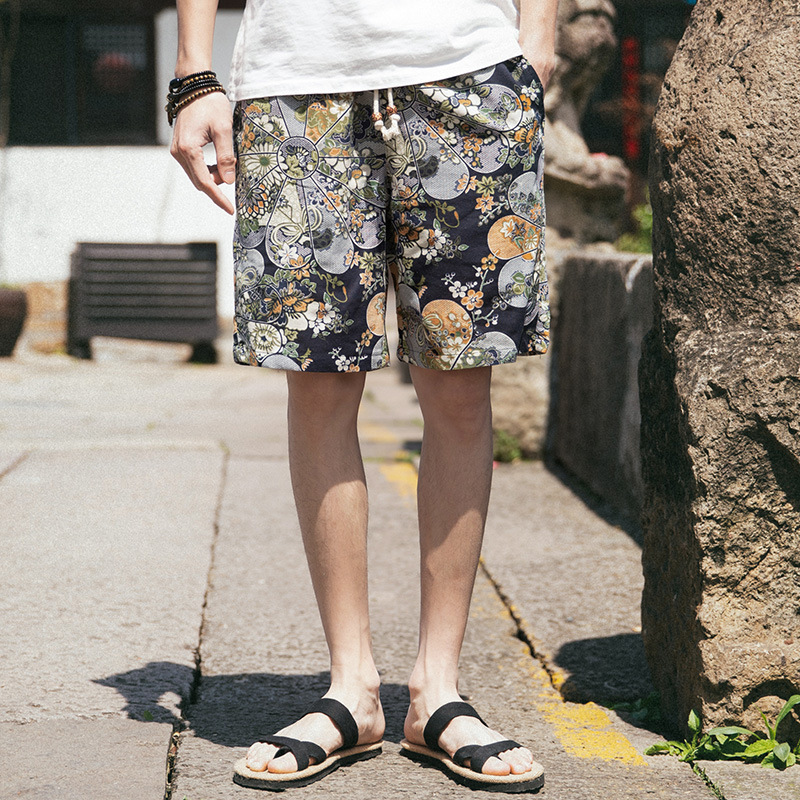 Summer Ethnic-style Linen Shorts Men's Extra Large Size Five-point Beach Pants Loose Floral Pants Trendy Men's