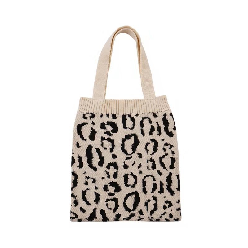 910231 Korean-style Autumn and Winter Knitted Shopping Bag Leopard-print Knitted Shoulder ins Casual Hand-held Woolen Cloth Bag