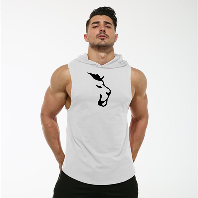 European and American Men's Fitness Sports hooded vest summer hooded curved hem elastic sweat-absorbent wolf head printed vest