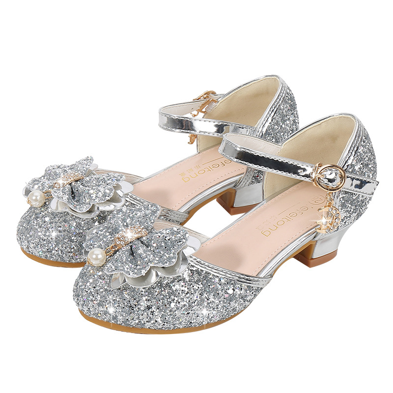 Girls High Heels Fashion Spring New Arrival Sequin Bow Shoes Children Dance Single Shoes Baotou Princess Shoes