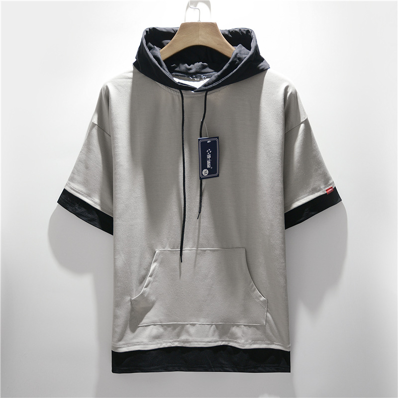 Summer new men's plus size hooded color matching short-sleeved T-shirt casual loose large pocket T-shirt half-sleeved men's top