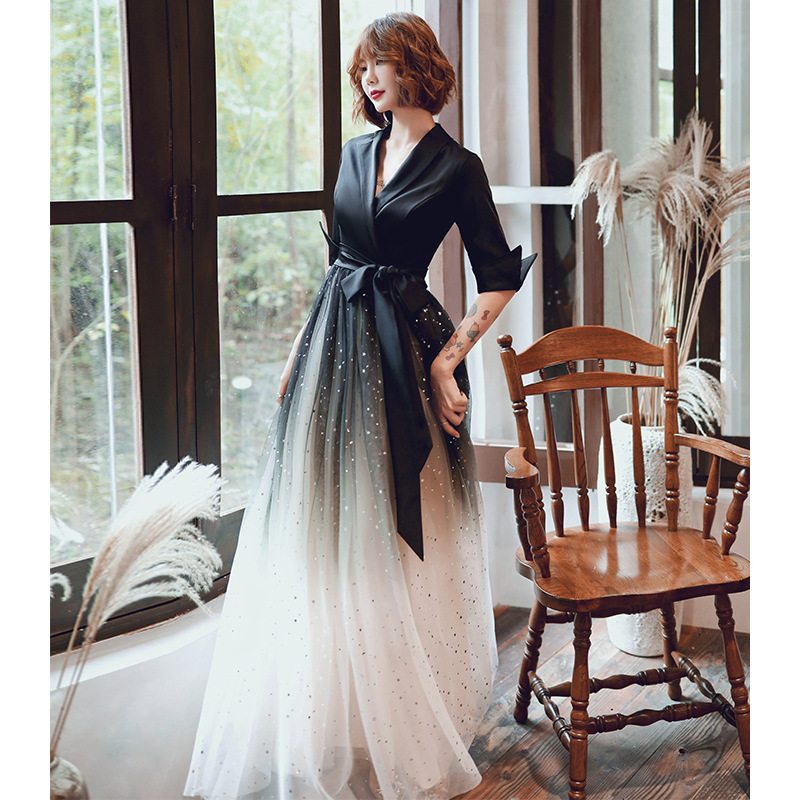 Evening Dress Women's 2022 New Banquet Fairy Fantasy Mori Black Gradient Long Host Evening Dress