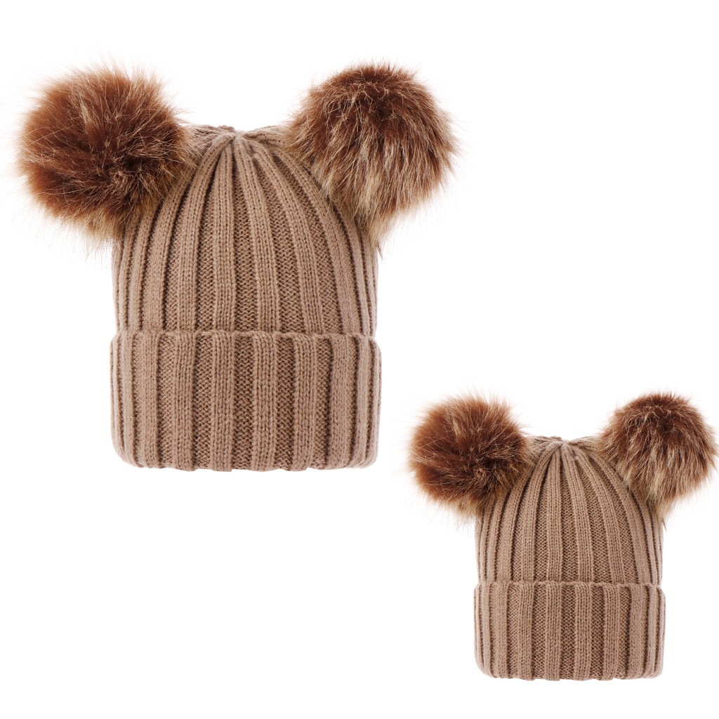 New parent cap European and American autumn and winter threaded baby cap double fur ball knitted cap cap cap cross-border