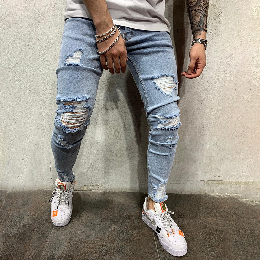 European and American High Street Men's Slim-fit Small Foot Scraping Denim Trousers Trendy Youth Ripped Jeans Large Size