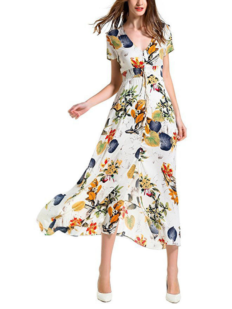 Amazon New Bohemian Retro Ethnic Pattern Vacation V-Neck Loose Long Dress