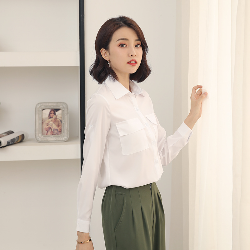 White long sleeve shirt Women's European and American style double pocket fashion personality mid-length loose shirt Korean style artistic solid color