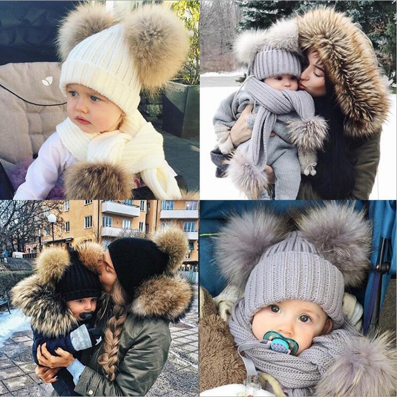 New parent cap European and American autumn and winter threaded baby cap double fur ball knitted cap cap cap cross-border