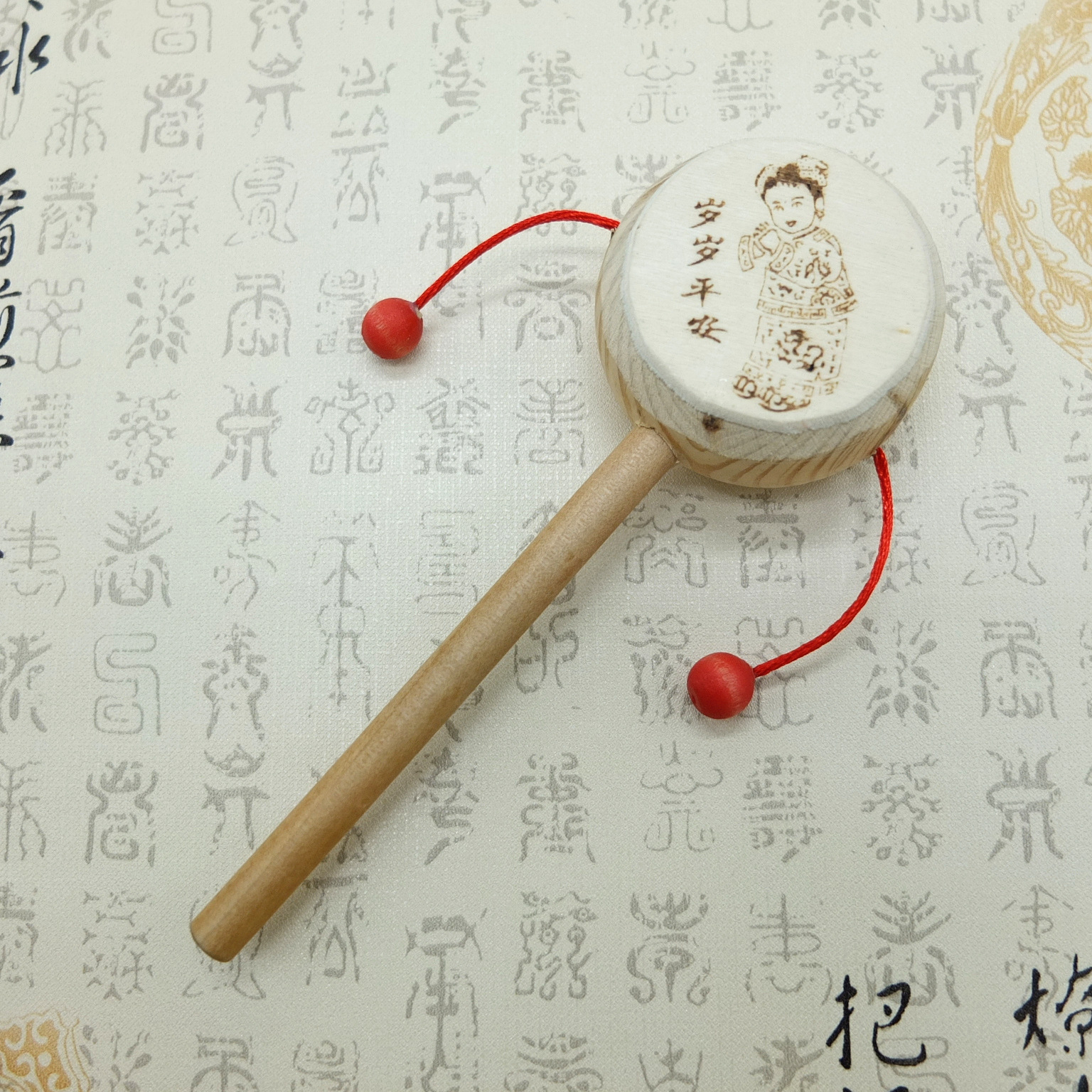 Wooden rattle small size wooden drum wooden children's hand drum printing wholesale wooden toys