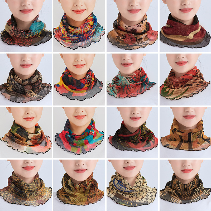 Gold Silk Hanging Ear Varied Neck Women's Spring and Summer Sunscreen Decorative Veil Mask Multifunctional Silk Scarf Neck Protection Small Scarf