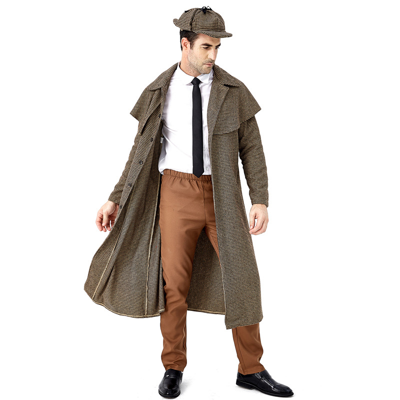 Halloween Male Movie Character Detective Sherlock Holmes Plays Costume British Plaid Turtleneck Coat