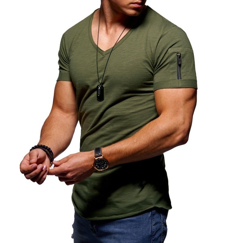 Men's T-shirt Cross-border Clothing European and American Foreign Trade Men's V-neck Solid Color Large Size Casual Short-sleeved T-shirt