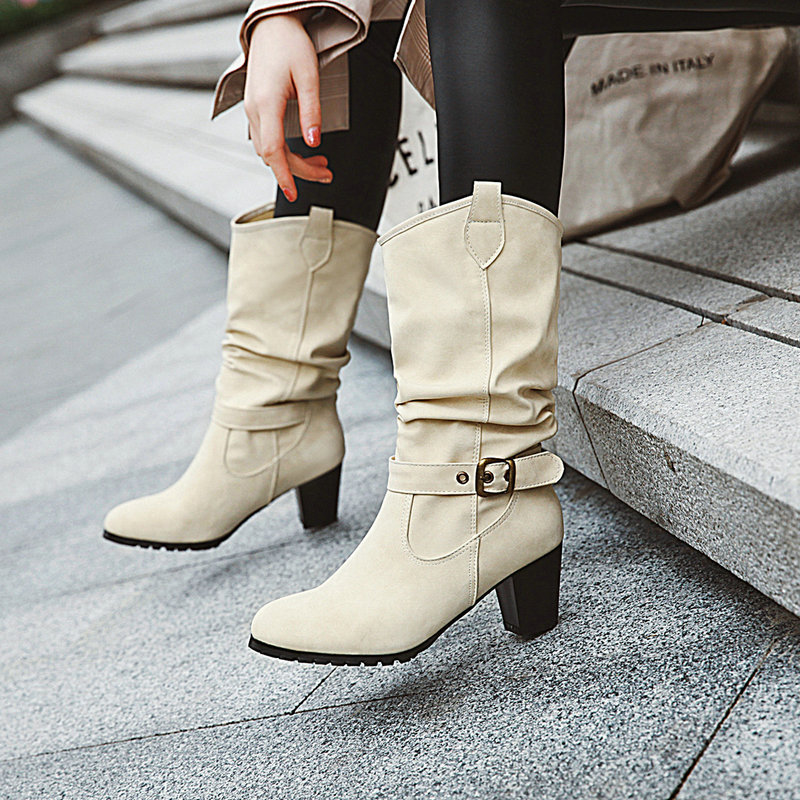 wish AliExpress Autumn and Winter New Round Toe High Heel Women's Shoes Middle Boots Belt Buckle Foreign Trade Middle Boots Women's Shoes