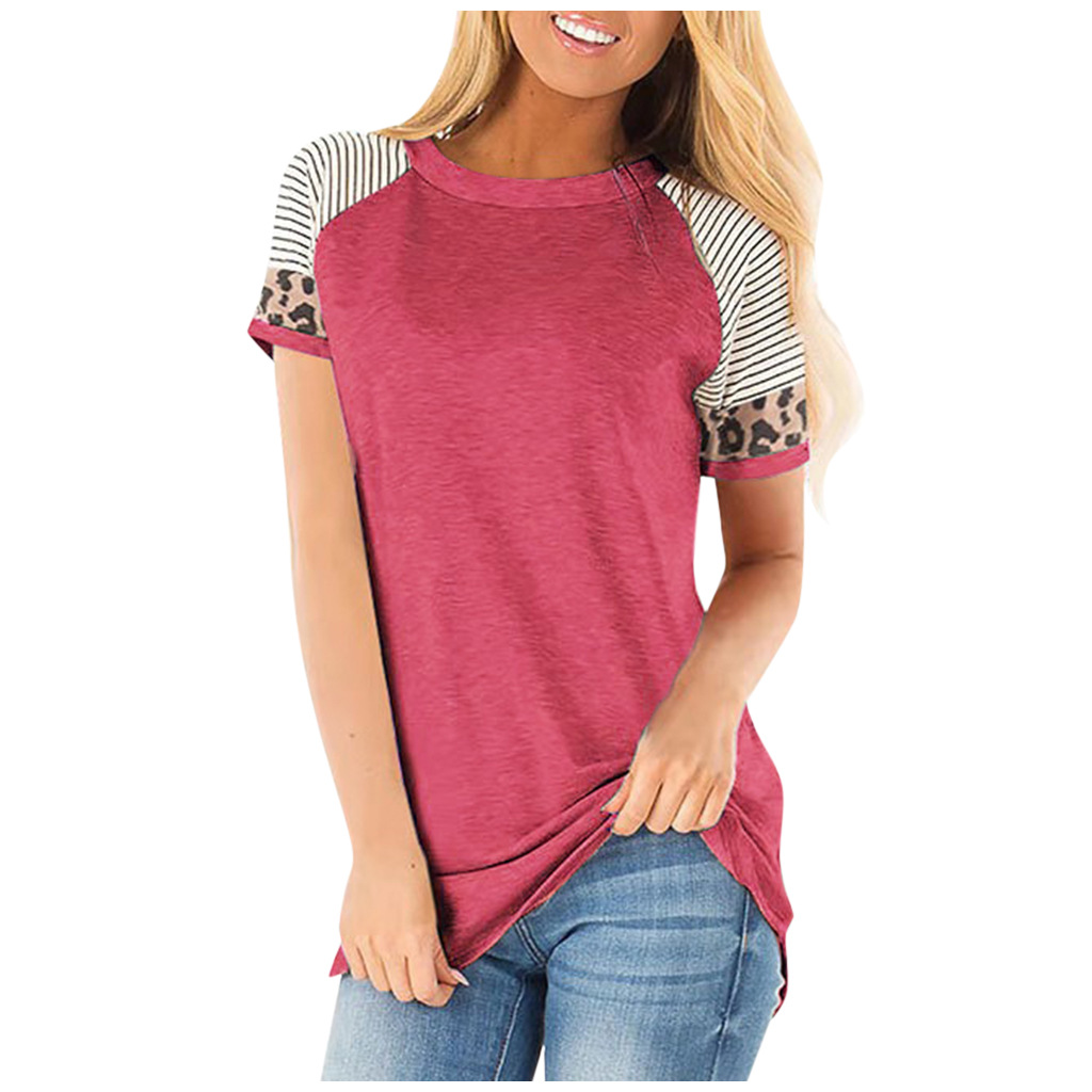 Cross-border European and American women's clothing Amazon popular summer round neck striped leopard print stitching casual short-sleeved T-shirt top for women