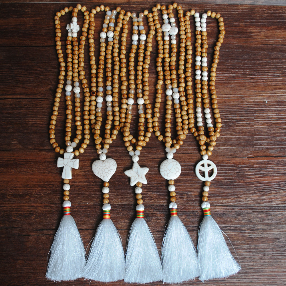 temu hot selling handmade string wooden bead necklace women's cross turquoise long tassel sweater chain cross-border jewelry wholesale