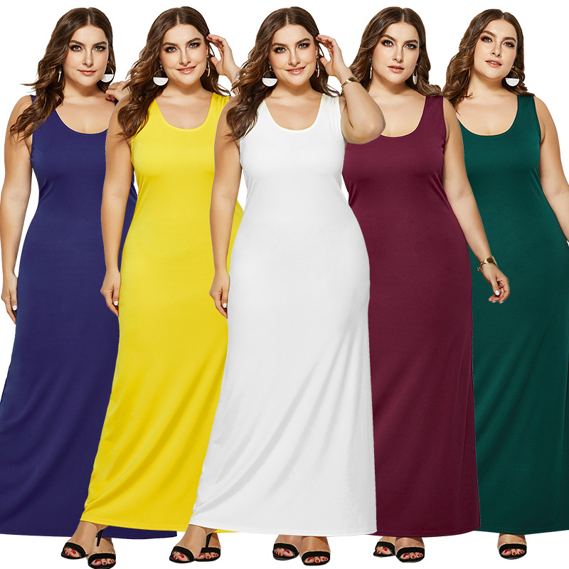 chubby girl Women's dress Spring and Summer Knitted Sexy Round Neck Solid Color Dress Foreign Trade plus size Sleeveless Simple dress