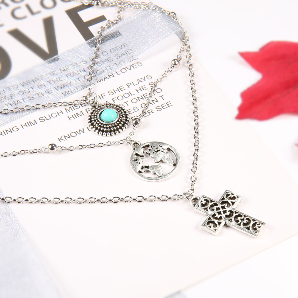 New European and American cross-border exclusive personalized cross turquoise map three-tier necklace