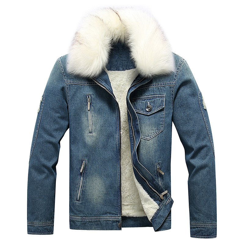 2022 New Fall/Winter Couple Men's Fleece-lined Thickened Youth Jacket Cotton-padded Men's Fleece-lined Denim Jacket