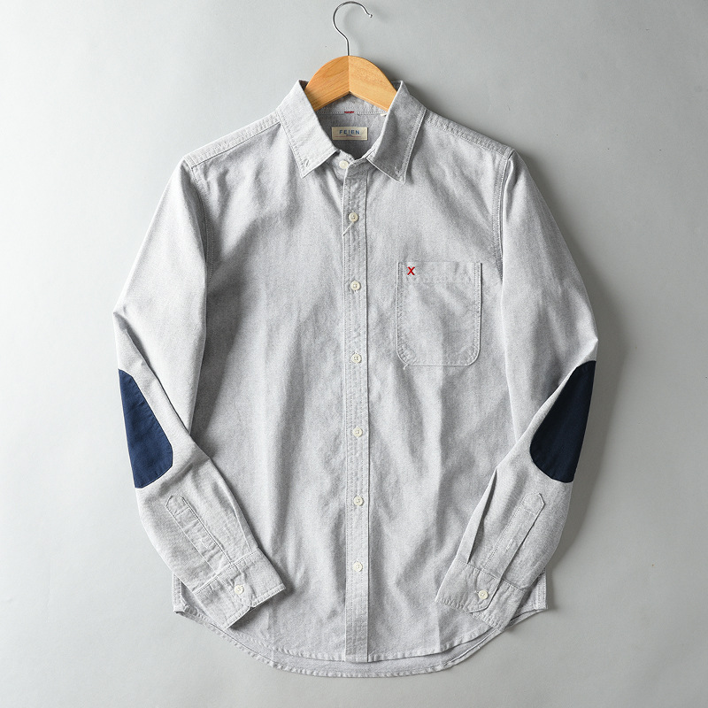 Oxford Spinning Shirt Men's Long Sleeve Japanese Style Vintage Pure Cotton Men's Shirt Elbow Collage Patch Casual Shirt Men's