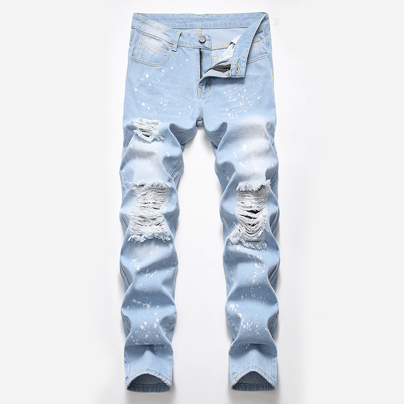 Ripped Jeans Men's 2019 New European and American Foreign Trade Summer Light Blue Large Size Washed White Straight Men's Jeans Trendy