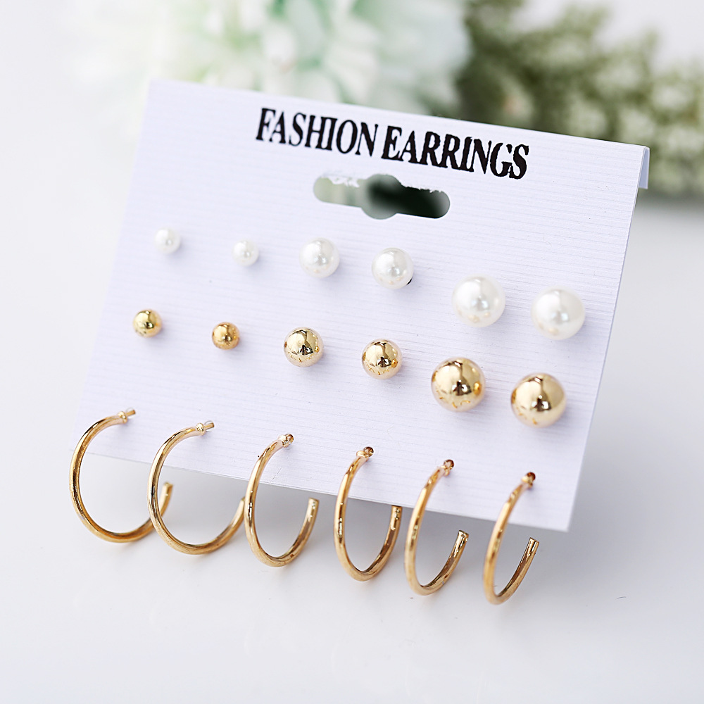Europe and the United States cross-border new earrings wholesale creative simple retro Pearl open circle earrings set 9 pairs