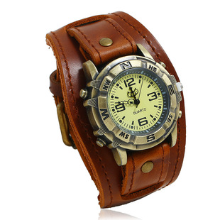 European and American Cross-border Punk Retro Leather Watch Bracelet All-match Fashion Men's and Women's PUNK Hip-hop Cowhide Bracelet