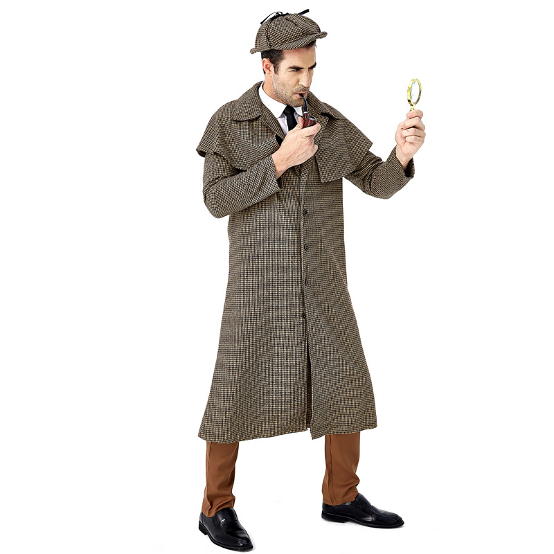 Halloween Male Movie Character Detective Sherlock Holmes Plays Costume British Plaid Turtleneck Coat