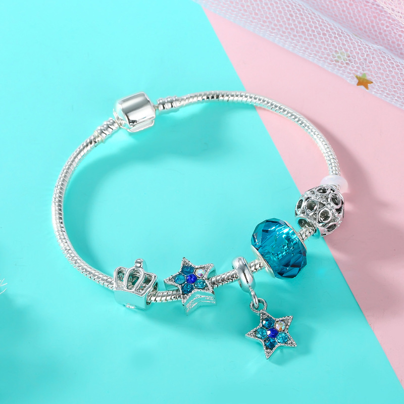 Blue Star Pendant Bracelet. Fashionable Pan's Style. Alloy Beaded Bracelet with Large Holes.