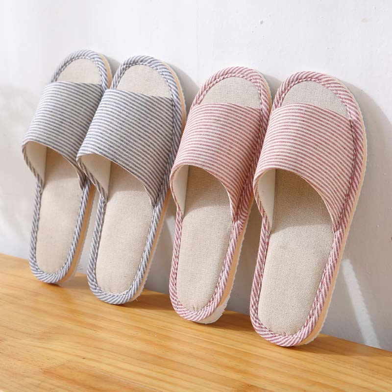 Four seasons linen home slippers indoor home floor EVA non-slip couple striped linen slippers for men and women Wholesale