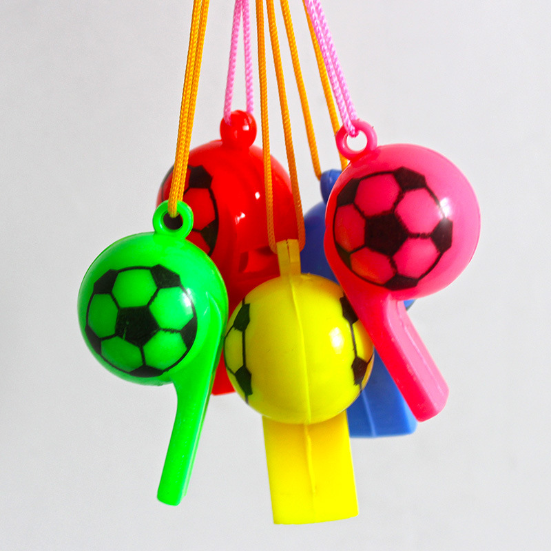 Hot selling sporting goods wholesale children with rope plastic football whistle World Cup football referee whistle send rope