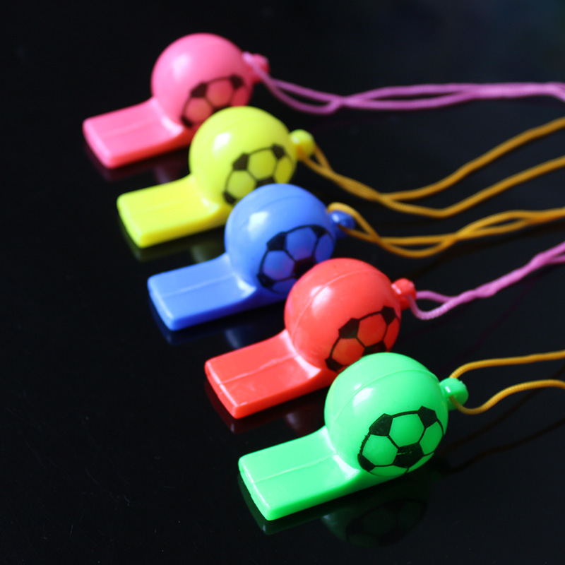 Hot selling sporting goods wholesale children with rope plastic football whistle World Cup football referee whistle send rope