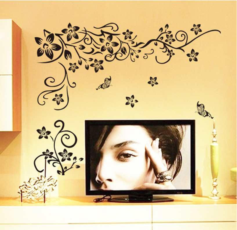 Popular Black Butterfly diagonal Vine European and American black TV background wall sticker JM8382 factory wholesale