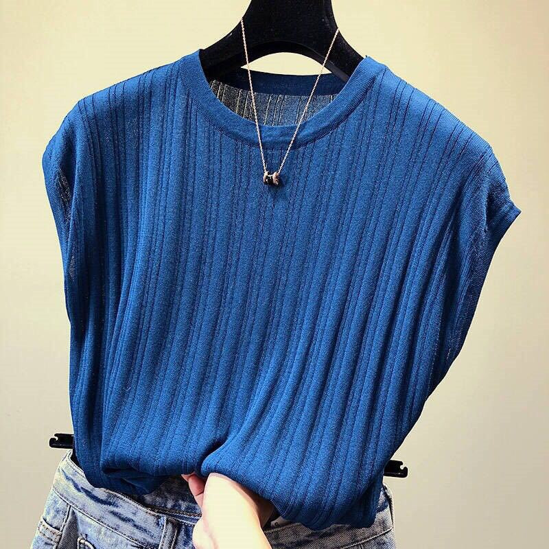 2023 Summer New Korean Style Loose Slimming Solid Color Short-sleeved T-shirt Women's Large Size Knitted Top Base Shirt for Women
