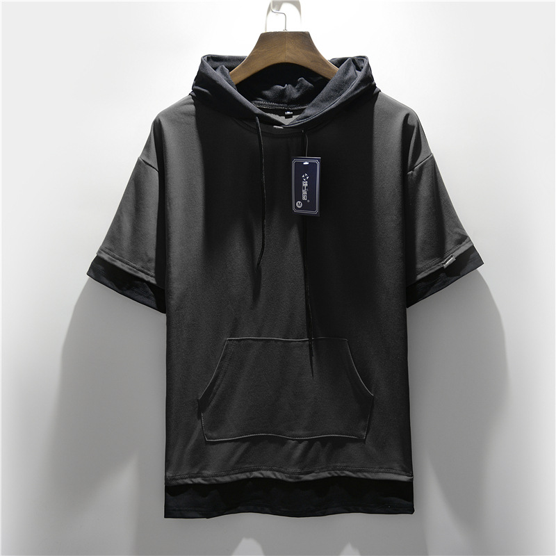 Summer new men's plus size hooded color matching short-sleeved T-shirt casual loose large pocket T-shirt half-sleeved men's top