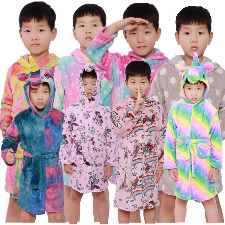 Autumn and Winter New Flannel Pajamas Boys and Girls Nightgown Coral Fleece Children's Bathrobe Mid-Length Children's Home Clothes