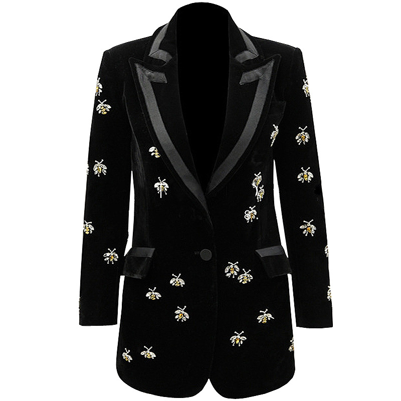 Spot 2024 spring and autumn new fashion velvet fabric bee beaded heavy industry long suit jacket women_voghion.com