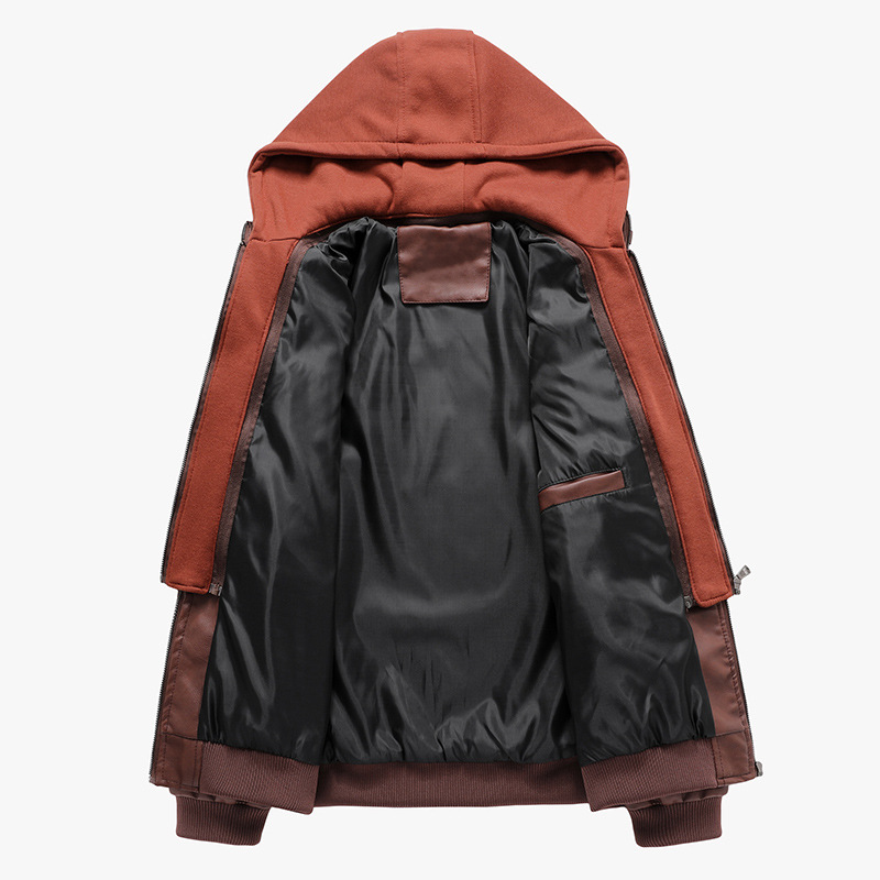 Factory direct autumn and winter men's detachable knitted hooded PU leather jacket large size casual all-match trendy leather jacket