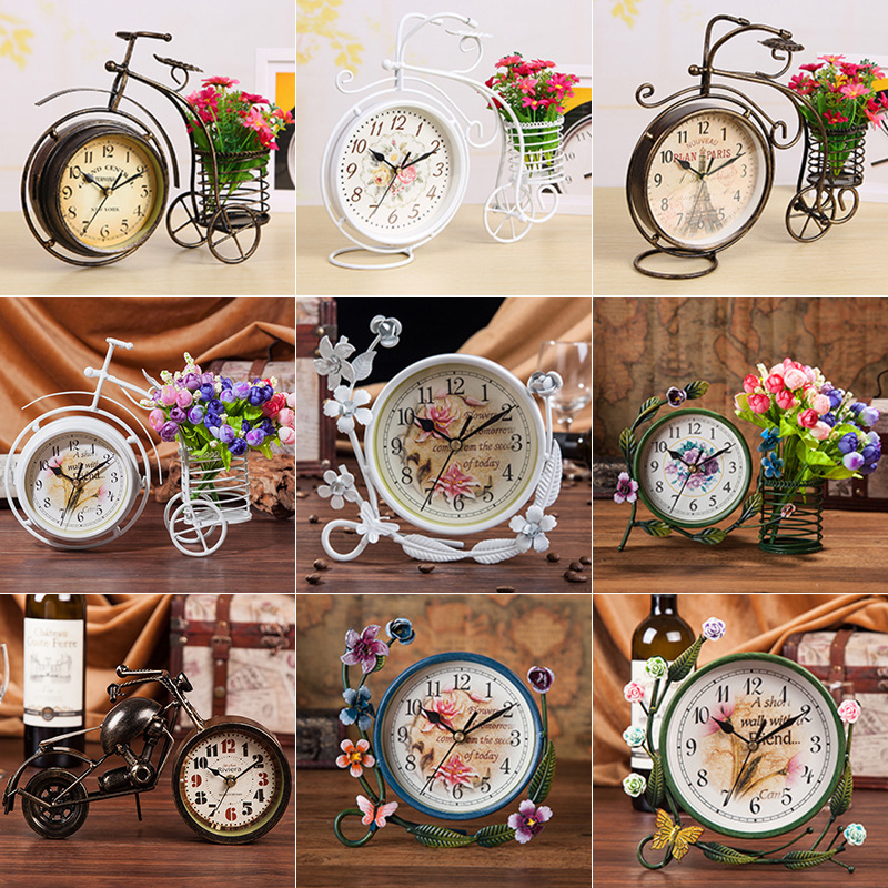 European Style Quiet Desk Clock Bedroom Living Room Creative Clock Ornaments Pastoral Iron Desktop Clock Clock Clock Double Sided Clock