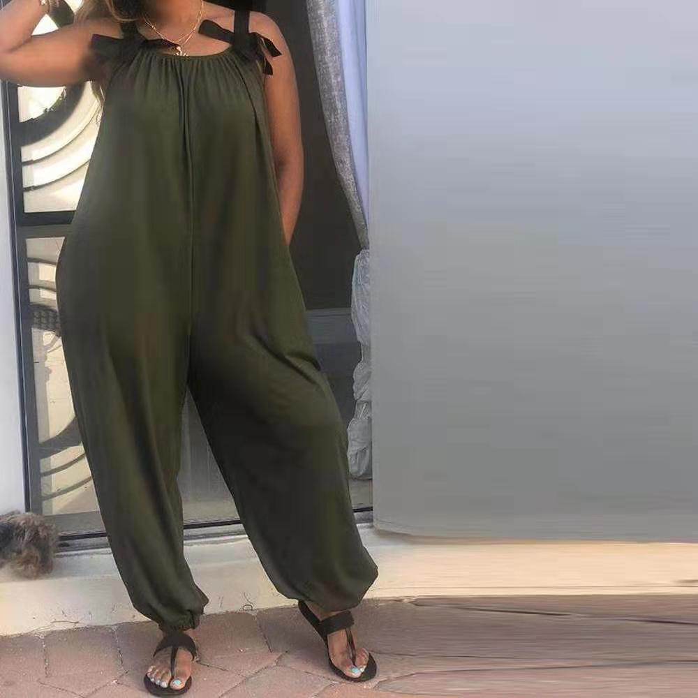 Amazon popular European and American women's solid color loose jumpsuit casual fashion bow shoulder strap sling jumpsuit