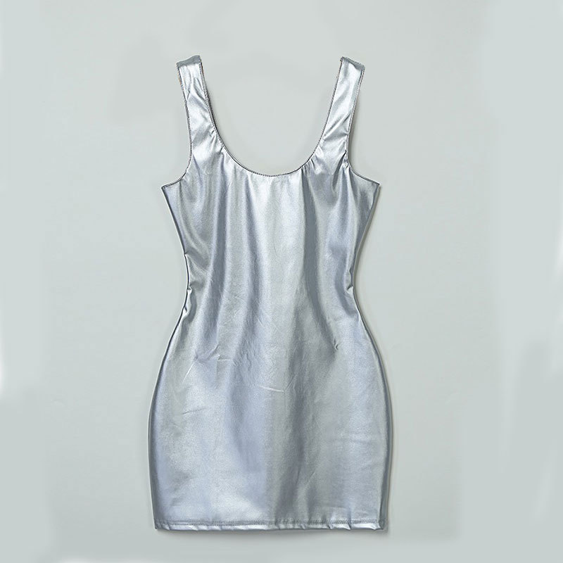 2023 Spring and Autumn New Amazon European and American women's tight sleeveless sexy patent leather hot girl nightclub dress spot