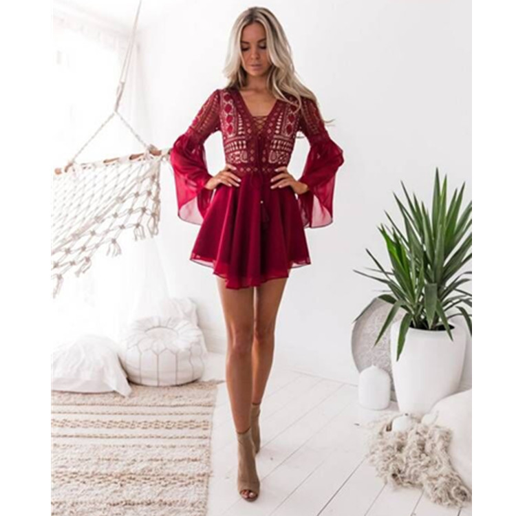 2023 Summer Amazon Water Soluble Lace Crochet Hollow V-Neck Strap Trumpet Long Sleeve Chiffon Dress