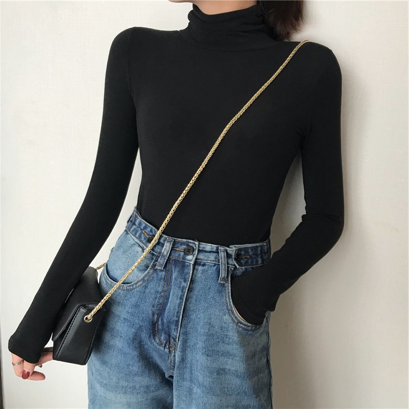 Solid Color High Collar Base Shirt Women's 2023 All-match Korean Style Internet Popular Autumn and Winter Inner Long Sleeve T-shirt Women's Slim-fit Top Trendy