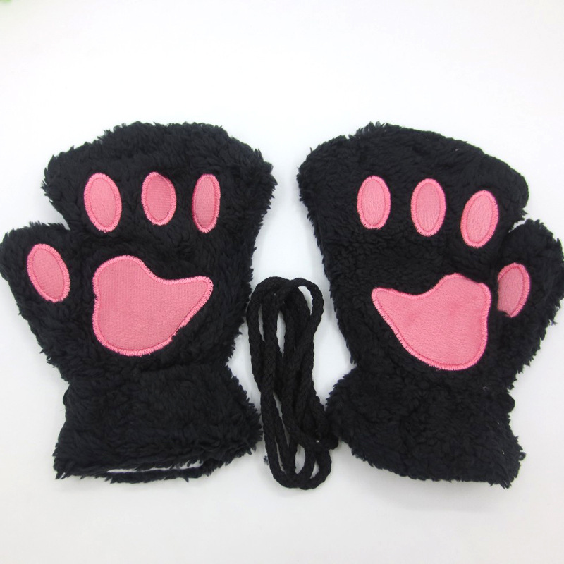 Winter Half-Finger Gloves Female Cat Cartoon Bear Paw Student Exposure Cat Claw Thickened Fluff Neck Warm Gloves