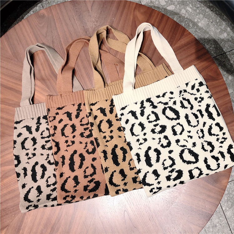 910231 Korean-style Autumn and Winter Knitted Shopping Bag Leopard-print Knitted Shoulder ins Casual Hand-held Woolen Cloth Bag