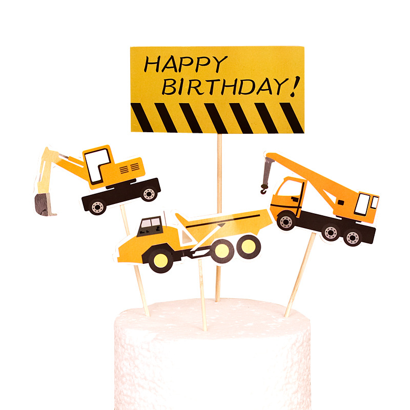 Children's Cake Decoration Engineering Vehicle Excavator Birthday Cake Card Barrier Traffic Instructions Road Mark Baking Plug-in