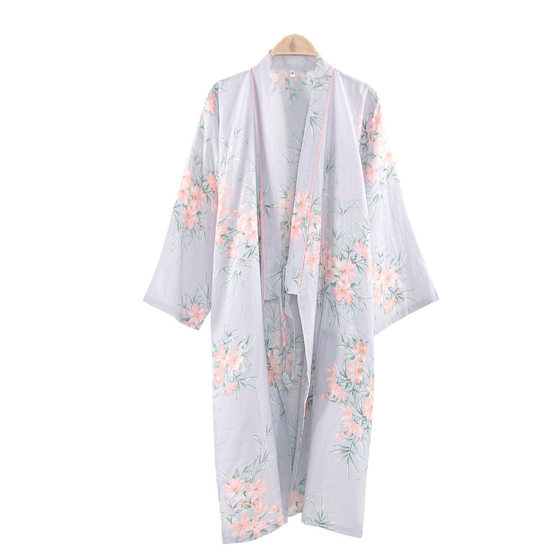 Spring and Summer Gauze Pure Cotton Kimono Bathrobe Nightgown Women's Japanese Style Long Nightgown Floral Lace-up Pajamas Sweatshirt