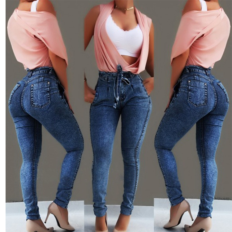 In stock wish Amazon European and American women's jeans stretch slim tassel belt high waist jeans for women