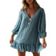 Cross-border new women's A- line skirt Amazon hot sale European and American loose long sleeve ruffled hem cotton linen dress