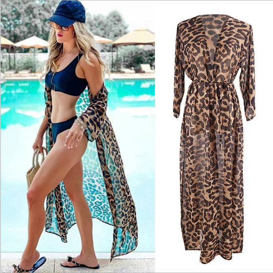 Cross-border European and American new chiffon leopard print bikini blouse vacation cardigan seaside sun protection shirt Beach Skirt