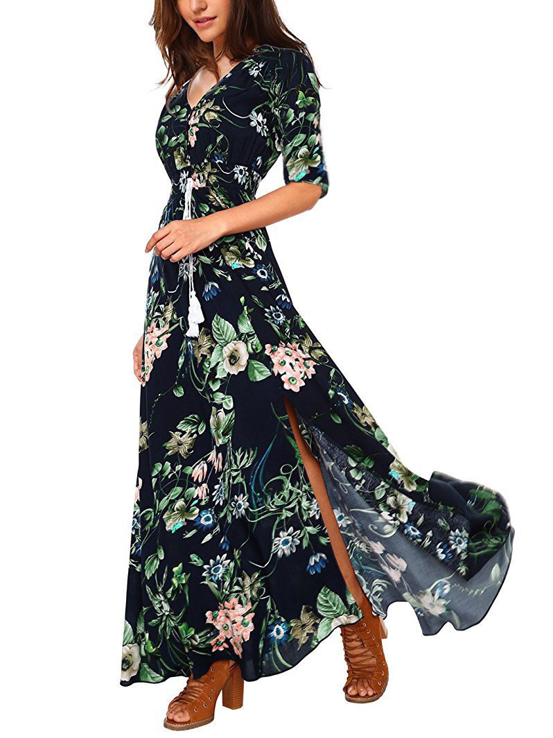 Amazon New Bohemian Retro Ethnic Pattern Vacation V-Neck Loose Long Dress