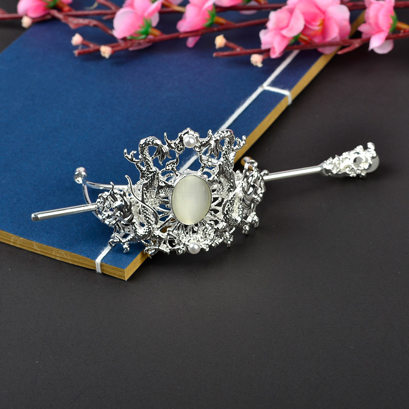Hanfu headdress retro double dragon hair crown men's and women's red and white agate ancient style jewelry ancient costume hair crown